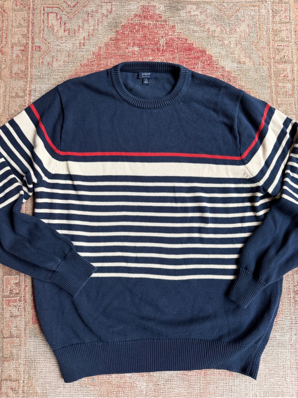 J. Crew Navy Crewneck cotton Sweater with White Stripes and Red Stripe